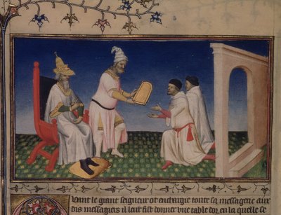 Kublai Khan giving Nicolo and Marco Polo safe conduct to Peking, with his golden seal to the Polos at Cambaluc in 1292, from 